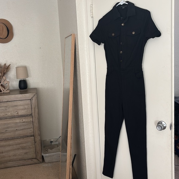 Women's black denim pant jumpsuit - Picture 2 of 3